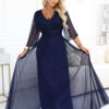 Tmavě modré třpytivé plus size maxi šaty s tylovými rukávy