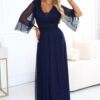 Tmavě modré třpytivé plus size maxi šaty s tylovými rukávy