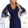 Tmavě modré třpytivé plus size maxi šaty s tylovými rukávy