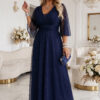 Tmavě modré třpytivé plus size maxi šaty s tylovými rukávy
