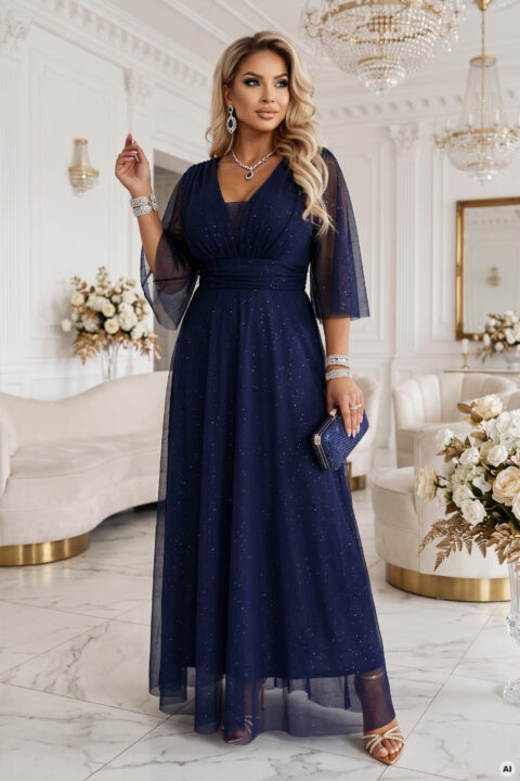 Tmavě modré třpytivé plus size maxi šaty s tylovými rukávy