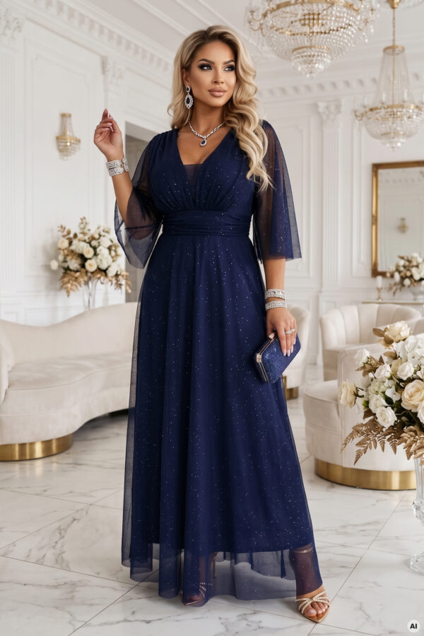 Tmavě modré třpytivé plus size maxi šaty s tylovými rukávy
