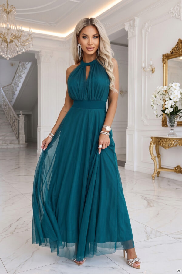 Zelené tylové halter maxi šaty s vázáním