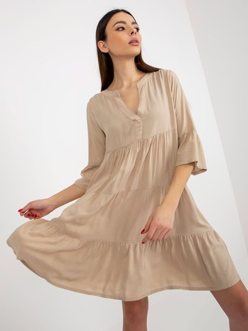 Béžové boho midi šaty AELLA s volánovým lemem