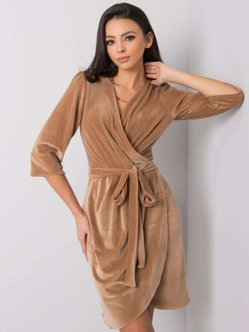 Tmavě béžové velurové mini šaty SONJA s páskem