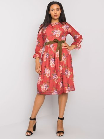Vínové plus size květované midi šaty BIANNA s páskem