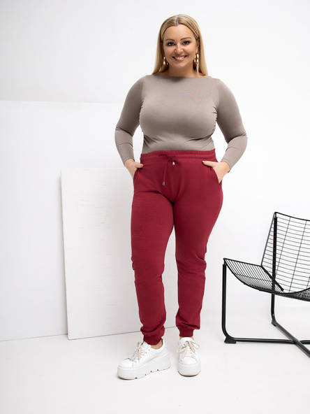 Vínové bavlněné tepláky plus size s úvazem – DELENNA