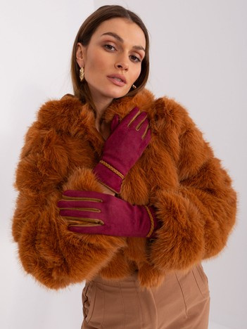 Vínové elegantní dotykové rukavice s ozdobným páskem – FLORENCE