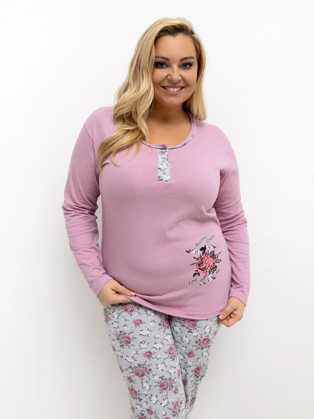 Tmavě růžové bavlněné pyžamo FILIZ plus size s blůzou a kalhotami