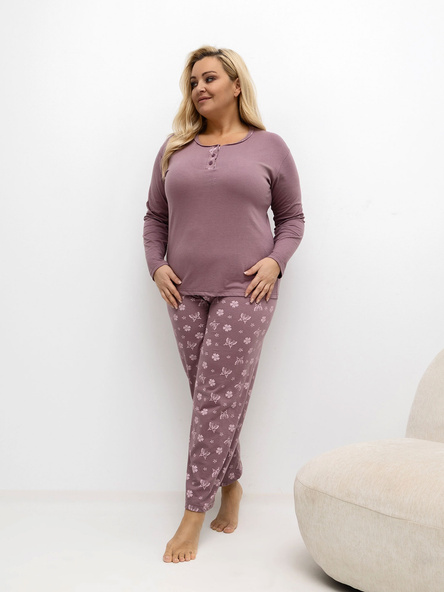 Tmavě růžové bavlněné pyžamo ROZÁLIA plus size s knoflíčky u výstřihu
