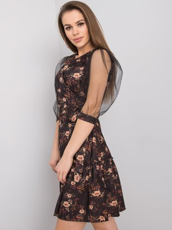 Černo-béžové květované mini šaty JOLENE s límečkem