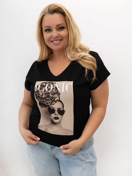 Černé plus size tričko CYRIELLA s textovým potiskem