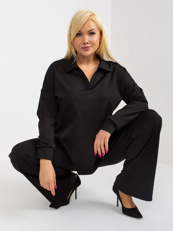 Černý žebrovaný plus size komplet s kalhotami – ADRAINA