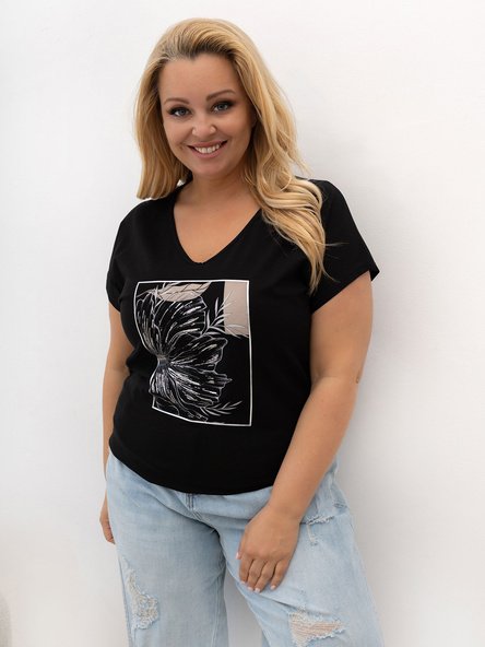 Černé plus size tričko ELOVIA s květinovým potiskem