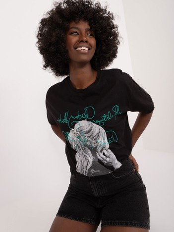 Černé tričko EDELINA MINT s potiskem a aplikací