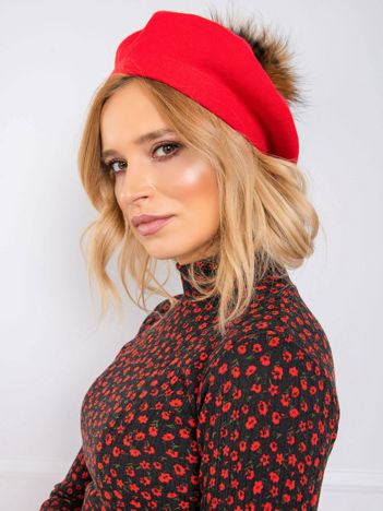 Červená pletený baret s kašmírem a bambulí – VICTORIA