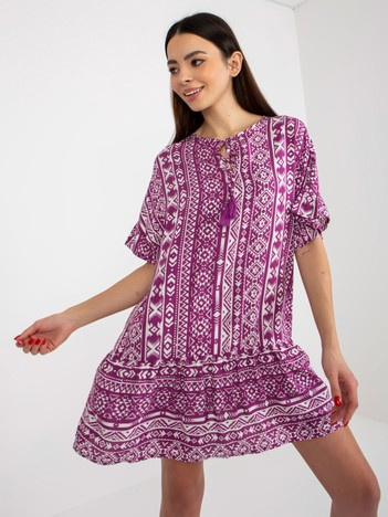 Fialové boho mini šaty EUGENIA s etnickým potiskem
