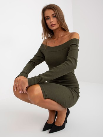 Khaki žebrované mini šaty HONORATA s Carmen výstřihem