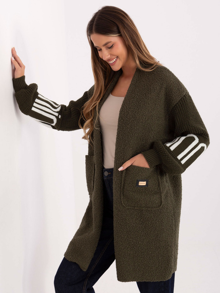 Khaki bouclé kardigan ANTRA s nabíranými rukávy