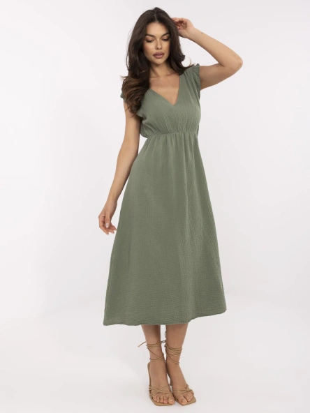 Khaki midi šaty CASSIANE s volánovými rukávy