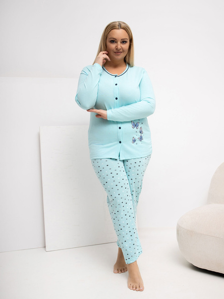 Mátové bavlněné pyžamo PHYLLIS plus size s rozepínací blůzou