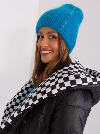 Modrá beanie čepice s angorou a aplikací – HELENA