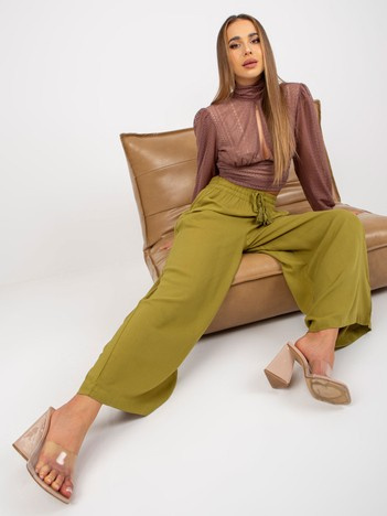 Olivové letní wide-leg kalhoty SUBLEVEL se zavazováním – MELENNA