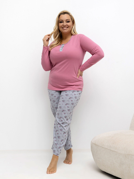 Růžové bavlněné pyžamo JANNIE plus size s blůzou a kalhotami