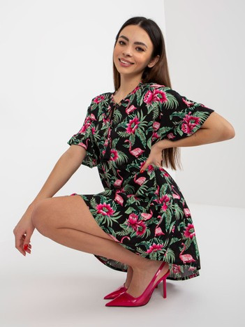 Černo-zelené boho mini šaty EUGENIA s květinovým potiskem