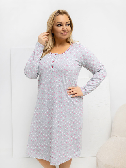 Šedá plus size noční košile JOLIEN se srdíčky a knoflíčky