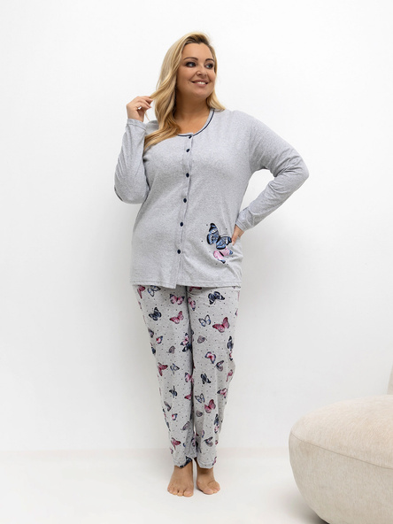 Šedé bavlněné pyžamo VALÉRIA plus size s rozepínací blůzou