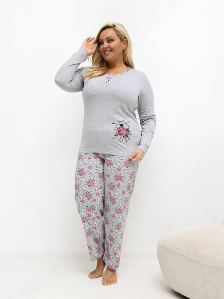 Šedé bavlněné pyžamo KAIJA plus size s růžemi