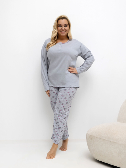 Šedé bavlněné pyžamo JANNIE plus size s růžemi