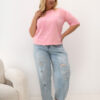 Světle růžové plus size tričko PAVIELA s výšivkou